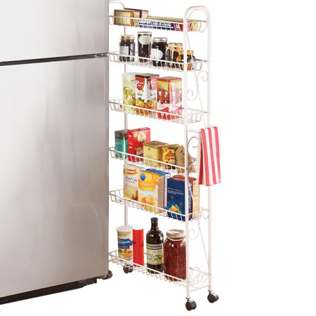 Slim Rolling Pantry 6 Tier Shelf White Metal With Elegant Scroll