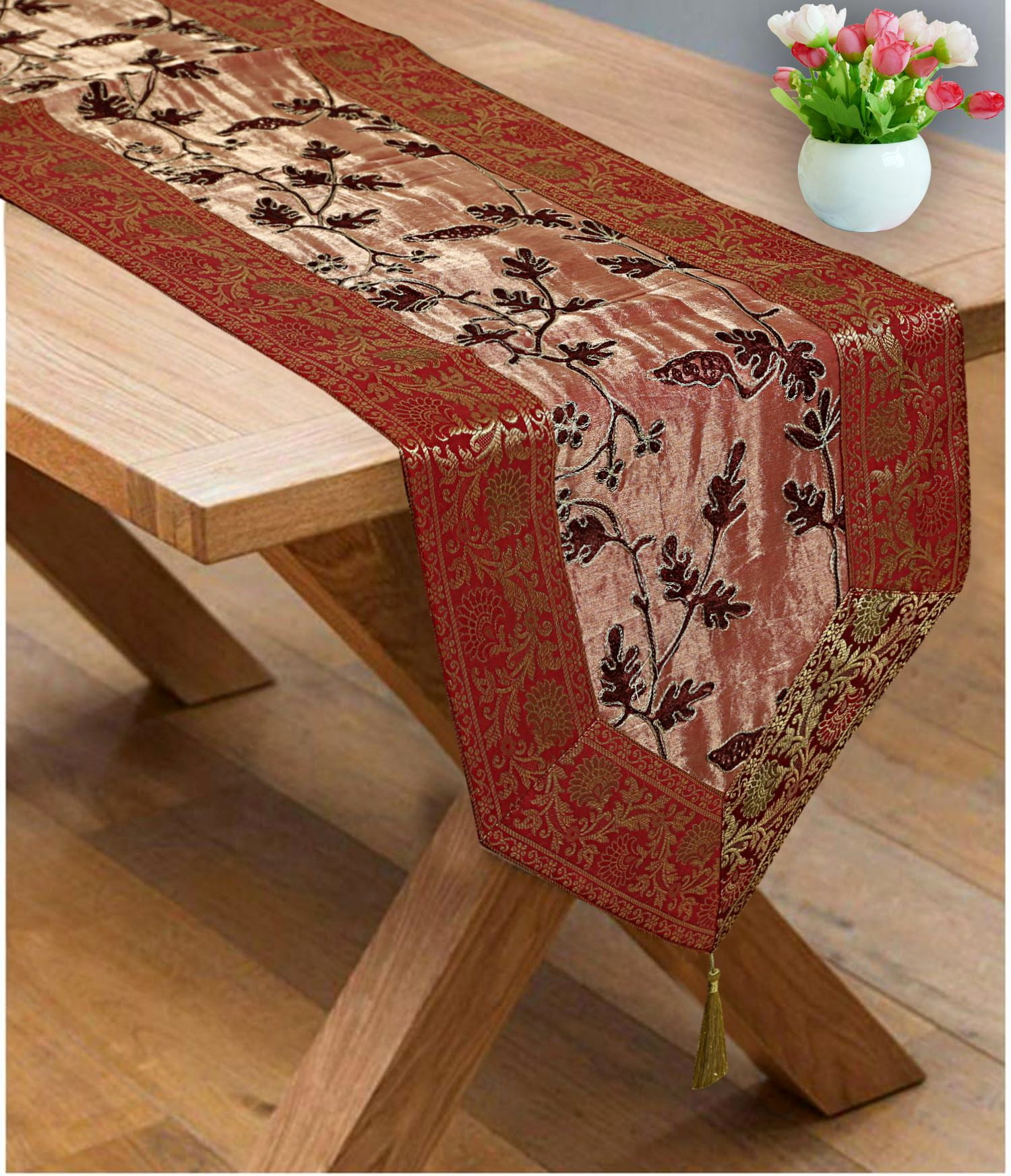 Stylo Culture Indian Dining Christmas Table Runner Extra Long 6 Ft Maroon Coffee Ethnic Brocade Bordered 72 Inch Decorative Placemat Zari Embroidered Tassels 14 Inch Wide Party Wedding Decor