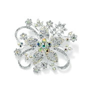 Round Aurora Borealis Crystal Silvertone Bouquet Pin