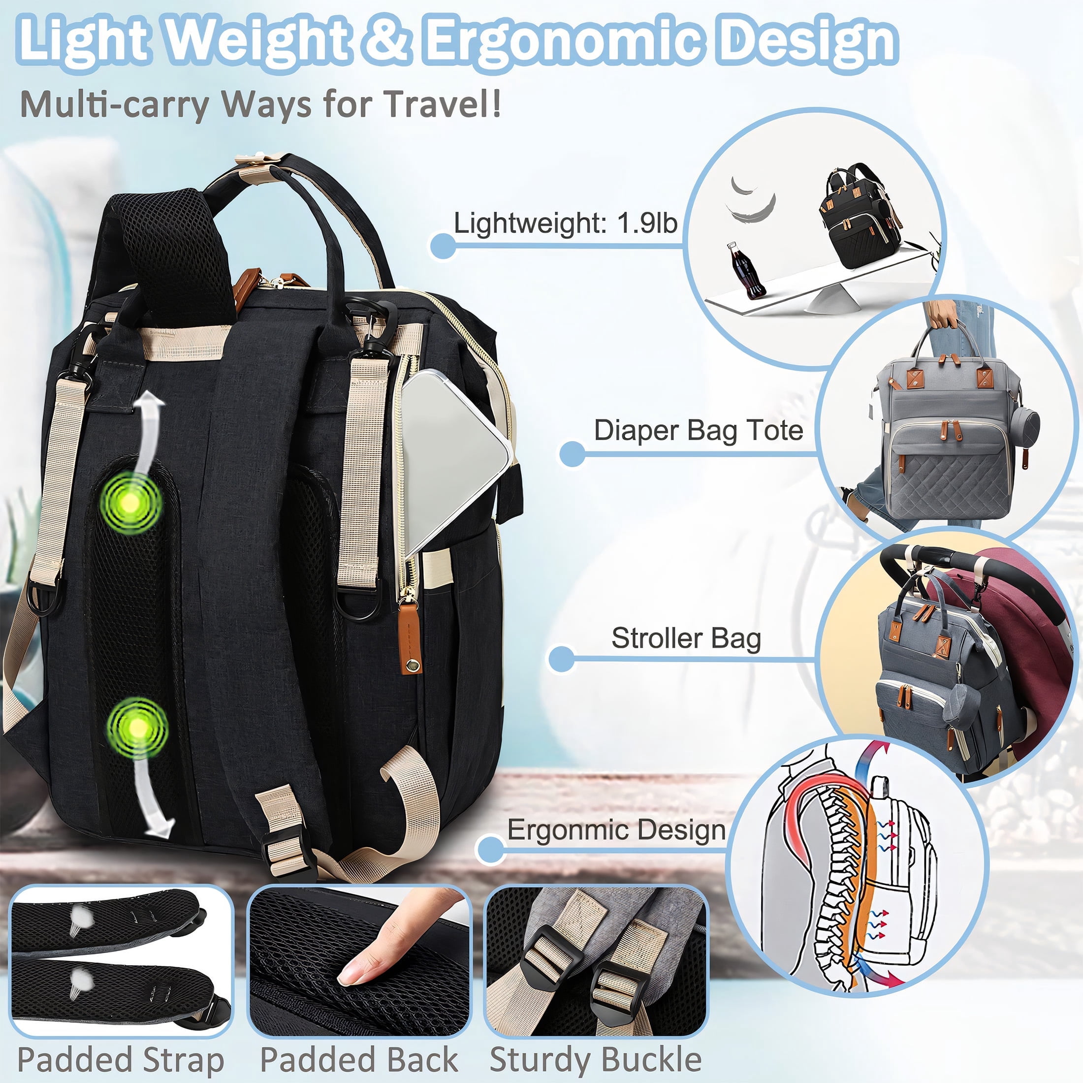 GASTROPOD 2026 New Backpack Diaper Bag,Detachable Strap Baby Bag,Diaper Pockets Diaper Bag Tote for Baby Essentials, Outdoor Trips, Daily Use, Travel, Hands-Free Carrying