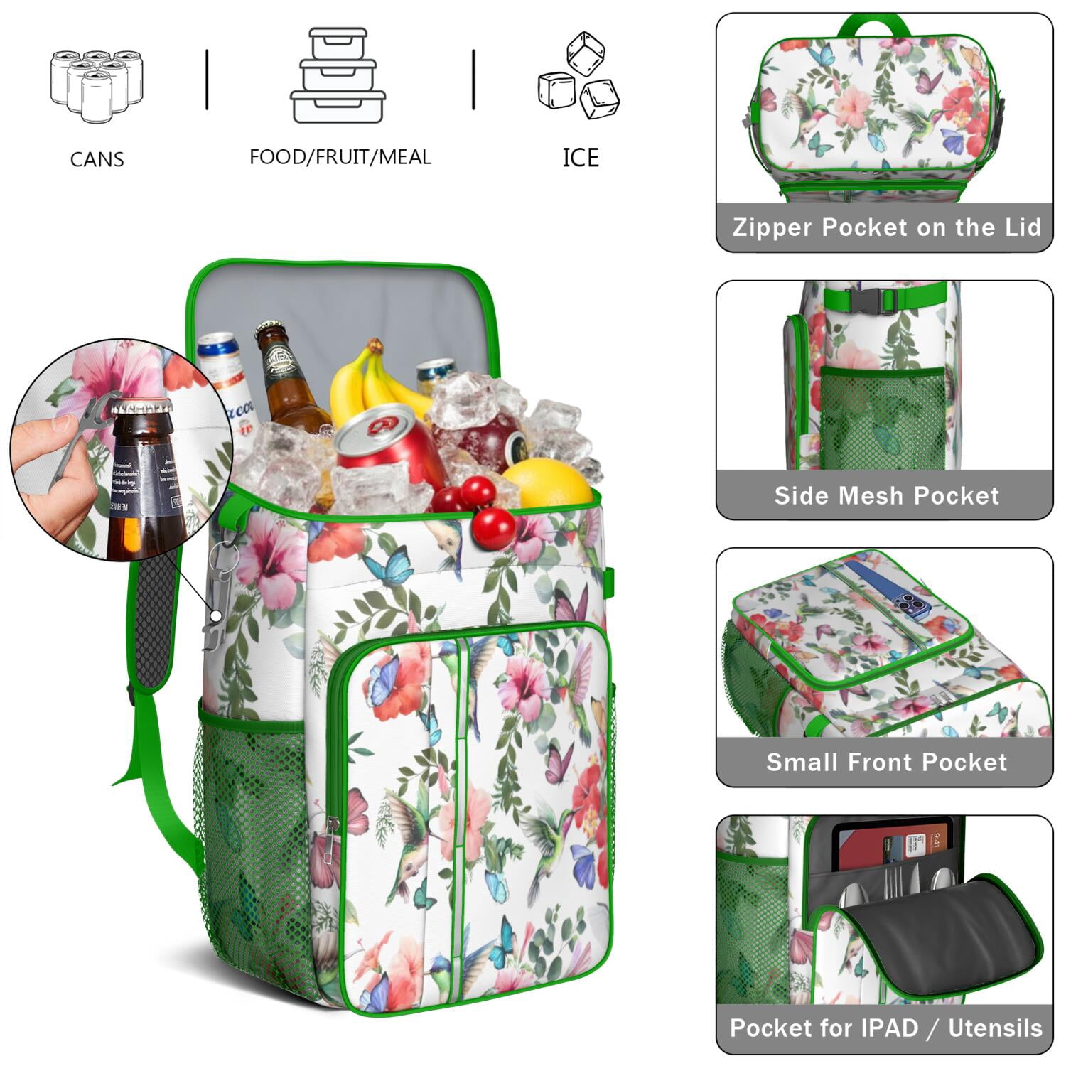 Travel Cooler Bag - Pioneer Flower Floral Print Pattern Camping Beer Cooler Backpack with Bottle Opener- Waterproof Insulated Picnic Backpacks - Cooler Bag for Beach