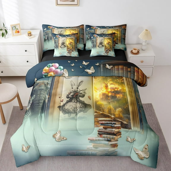 Erosebridal Elephant Rabbit Zebra Bedding Sets Twin Size,Bookshelf Butterfly Comforter Sets with Sheets,Lightweight Reversible Bed in a Bag Twin size,Jungle Animal Decor,7pcs