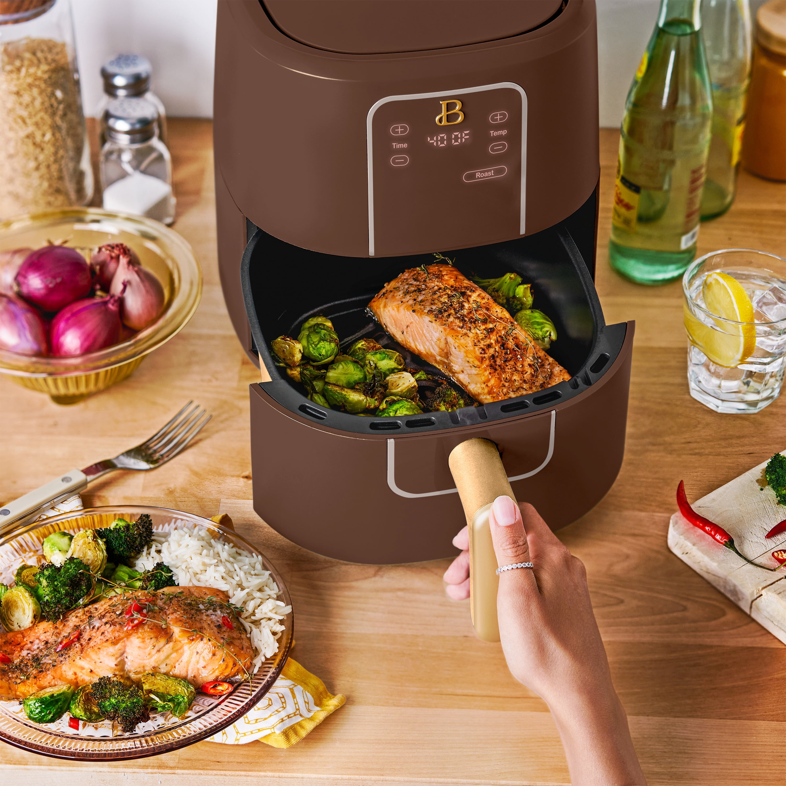 Beautiful 3 Qt Air Fryer with TurboCrisp Technology, EverGood Non-Toxic Ceramic Nonstick Coating, Chocolate by Drew Barrymore