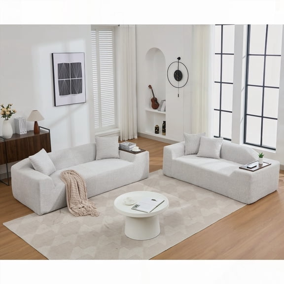 [NEW IN] [VIDEO SHOW] 2-piece Boucle Cloud Sofa Set! 3 Seater & 2 Seater w/MDF End Table. 5-seat Sofa, Boucle, Thick Cushions.