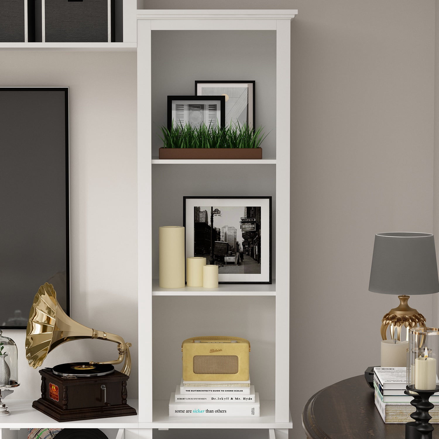 OXYLIFE Large Entertainment Center with Bookcase, TV Media Center Console Table with Open Shelves and Glass Door, White