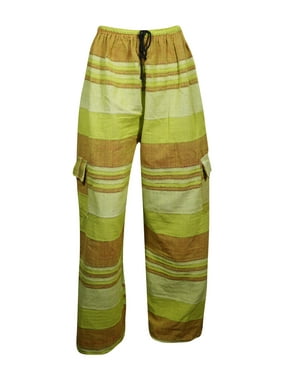 Mogul Yoga Loose Baggy Pajamas KHADI HandLooM Cotton Pink Striped YOGA Pant Side Pocket Boho Hippy LOUNGE Pants M/L