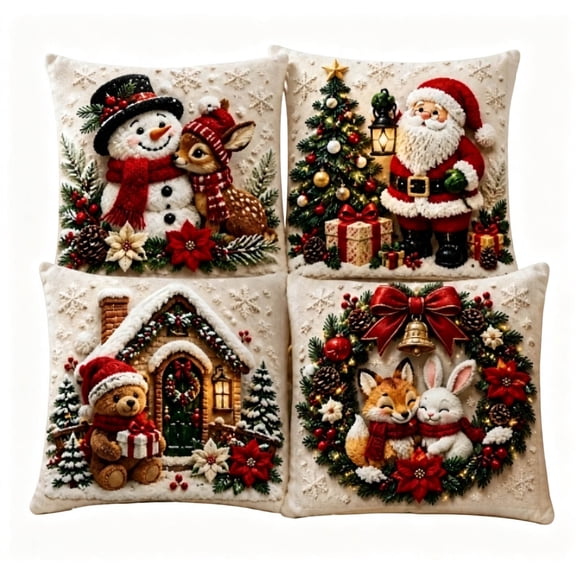 TTJ 4PCS Christmas Pillow Covers, Festive Holiday Cushion Cases With 3D Christmas Patterns, Soft Washable Decorative Throw Pillowcases For Sofa, Couch, Bed And Home Decor