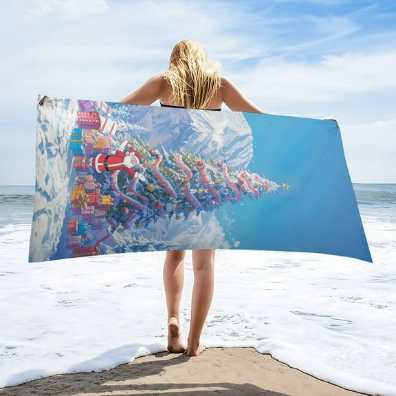Funny Santa Claus Christmas Beach Towel – with A Unique Design, Extra Large,XL (32”x 63”) for Kids & Adults