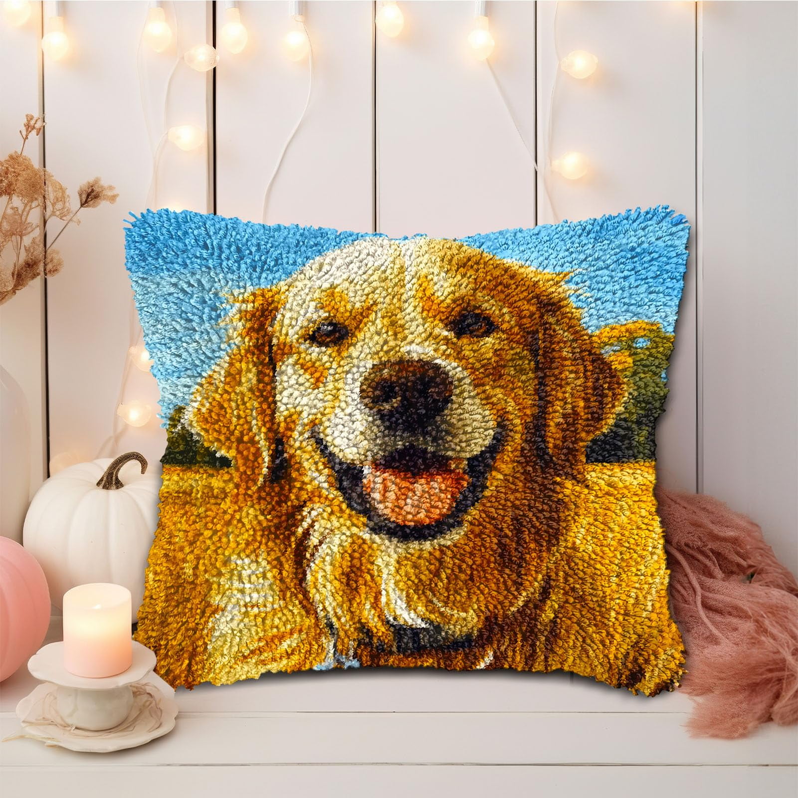 DIY Latch Hook Pillow Kits Golden Retriever Dog Printed Pillowcase Crochet Yarns Hooking Handmade Pillow Cover Cushion for Home Sofa Decoration 17x17inch-1