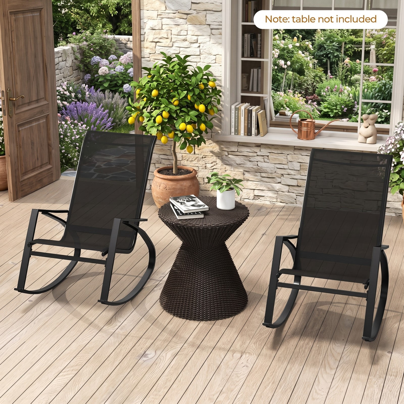 Furnibear Patio Rocking Chairs Set of 2 with Ergonomic Sling Backrest and Circular Metal Frame for Balcony and Poolside, Black