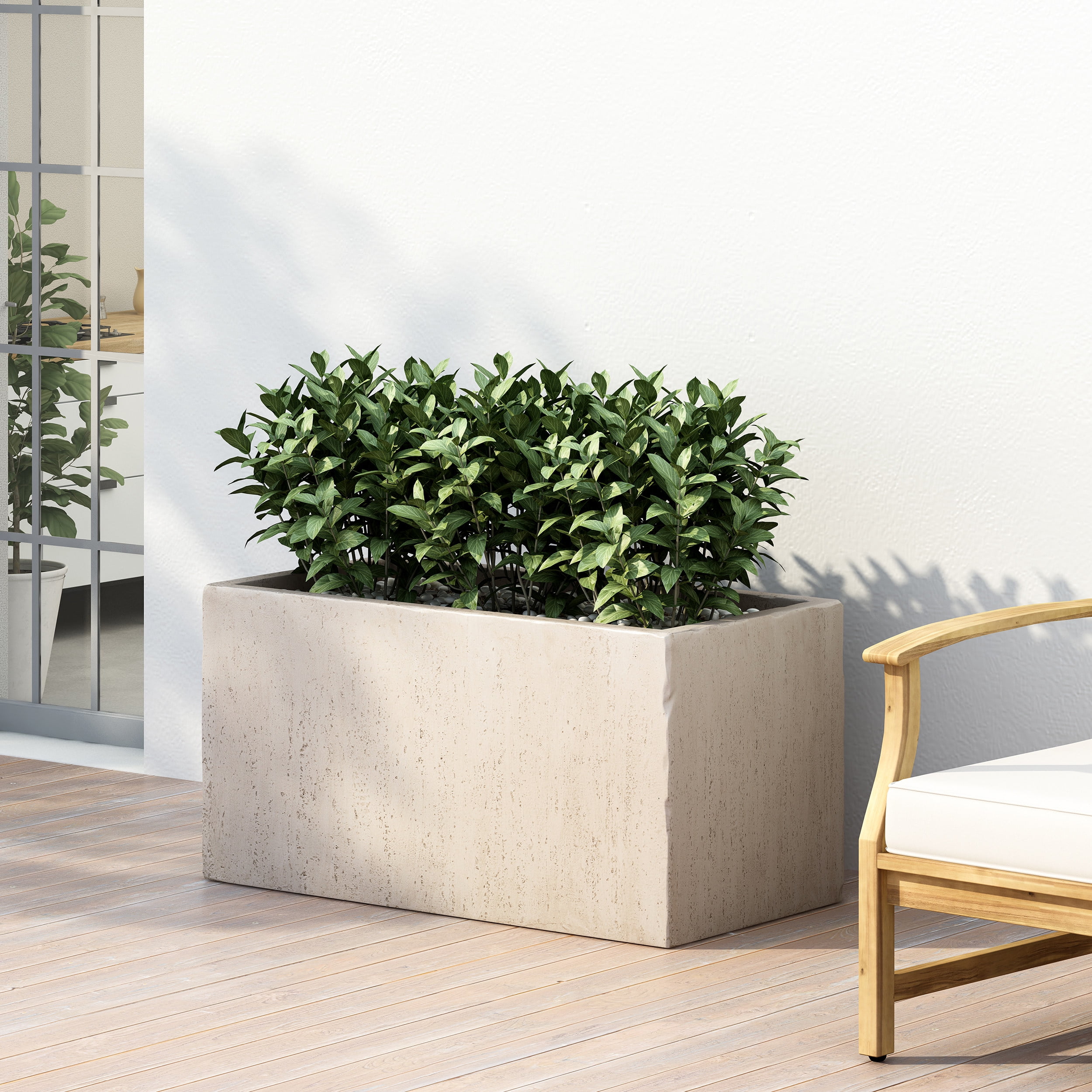 GDF Studio Fardeen Outdoor Modern Cast Stone Rectangular Planter, White Medium