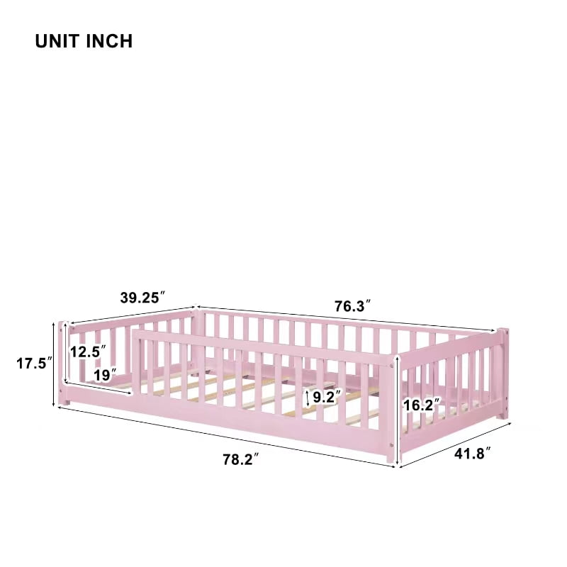 Miniyam Kids Floor Bed Frame with Rails, Montessori Platform Bed with Slats for Nursery, Pink