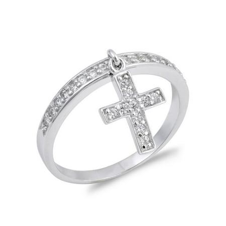 Dangling Cross Ring with Clear CZ Stones 925 Sterling Silver with Gift...