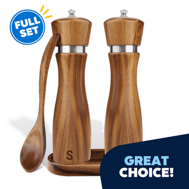 Premium Wooden Salt and Pepper Grinder Set, Adjustable Ceramic Coarseness, Refillable Solid Acacia Wood Mills with Stainless Steel Core, 8-Inch Tall - Includes Free Wooden Spoon & Seasoning Guide