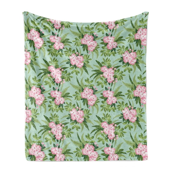 Floral Soft Flannel Fleece Throw Blanket, Hibiscus Arrangements Blooming Pattern, Cozy Plush for Indoor and Outdoor Use, 60" x 80", Olive Green Seafoam Pink, by Ambesonne