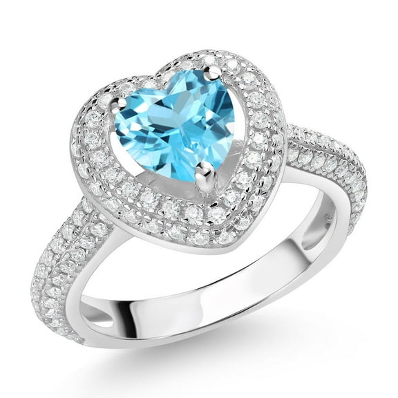 Gem Stone King 925 Sterling Silver Swiss Blue Topaz and White Moissanite Heart Shape Ring for Women (1.57 Cttw, Available in Size 5, 6, 7, 8, 9)
