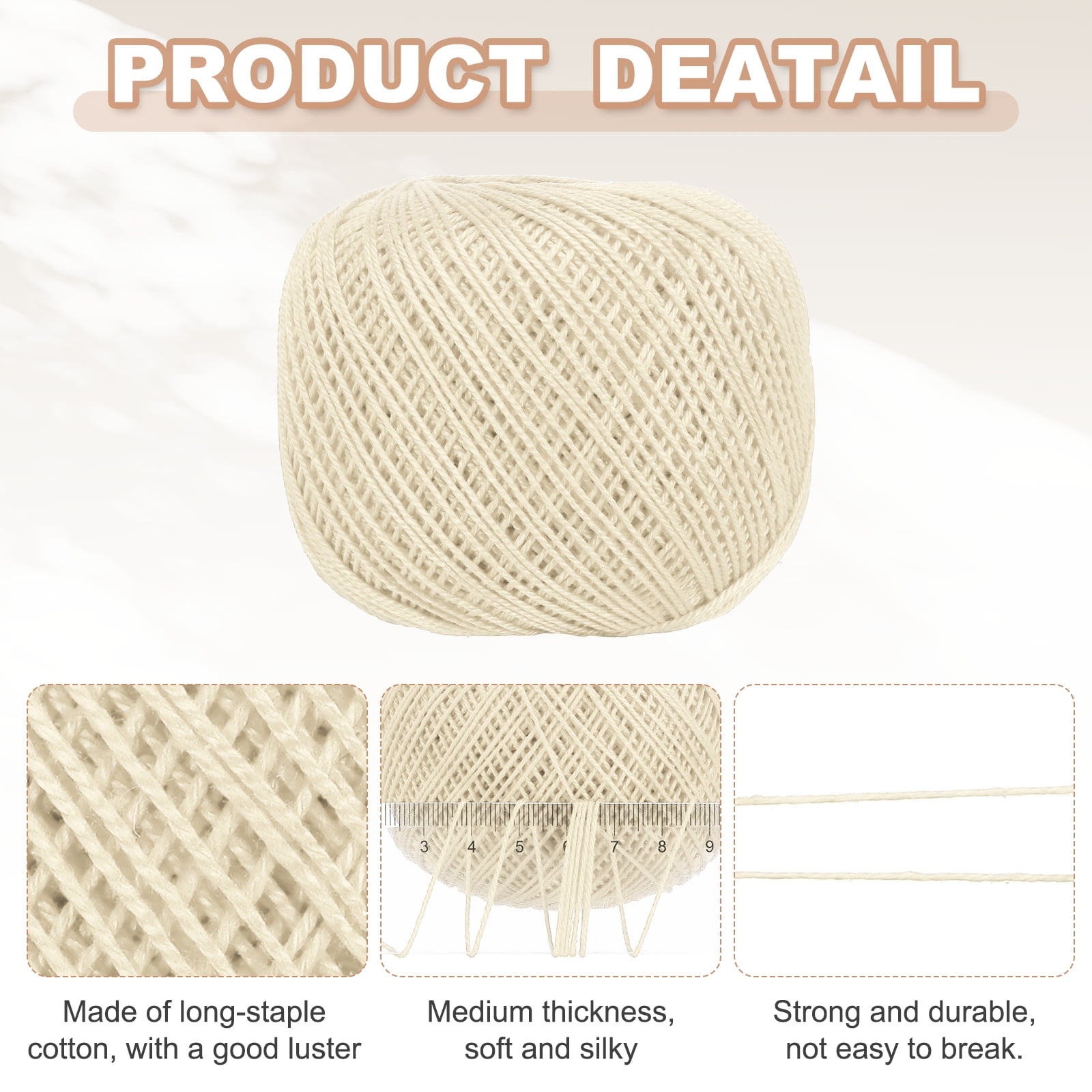 3 Rolls 164 Yards Size 3 Beige Pearl Cotton Crochet Thread Lace Weight Yarn Tatting Thread for Crocheting Knitting Embroidery Sewing