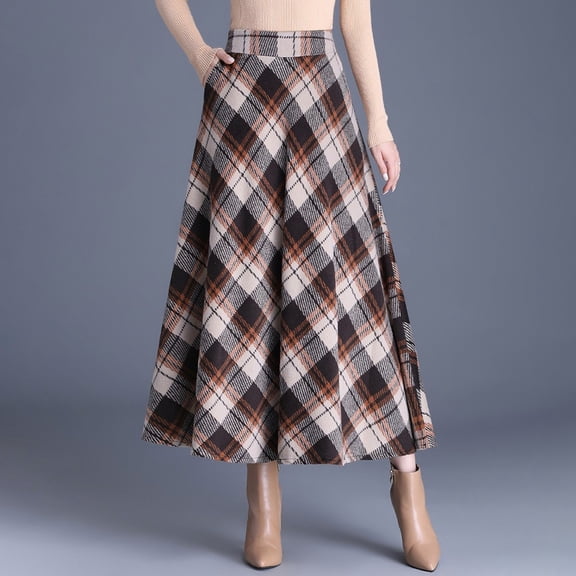 Long Plaid Wool Skirt for Womens High Elastic Waist A line Flared Pleated Tartan Skirts (Khaki XL)
