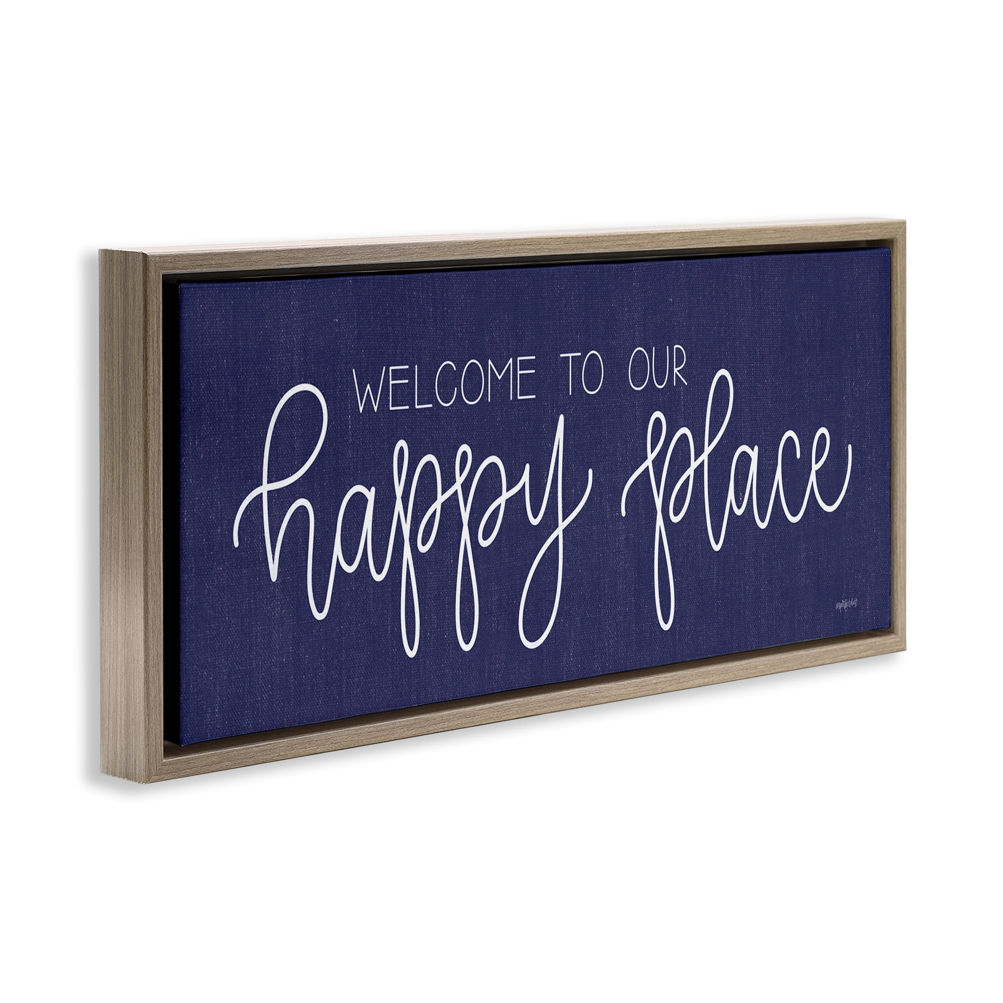 Stupell Industries Welcome Happy Place Typography Painting Brown Floater Framed Art Print Wall Art, 25 x 11