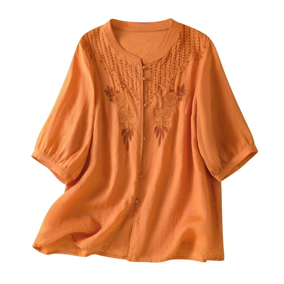 Women's Imitation Linen Embroidered Button Short Sleeved Stand-up Collar Top
