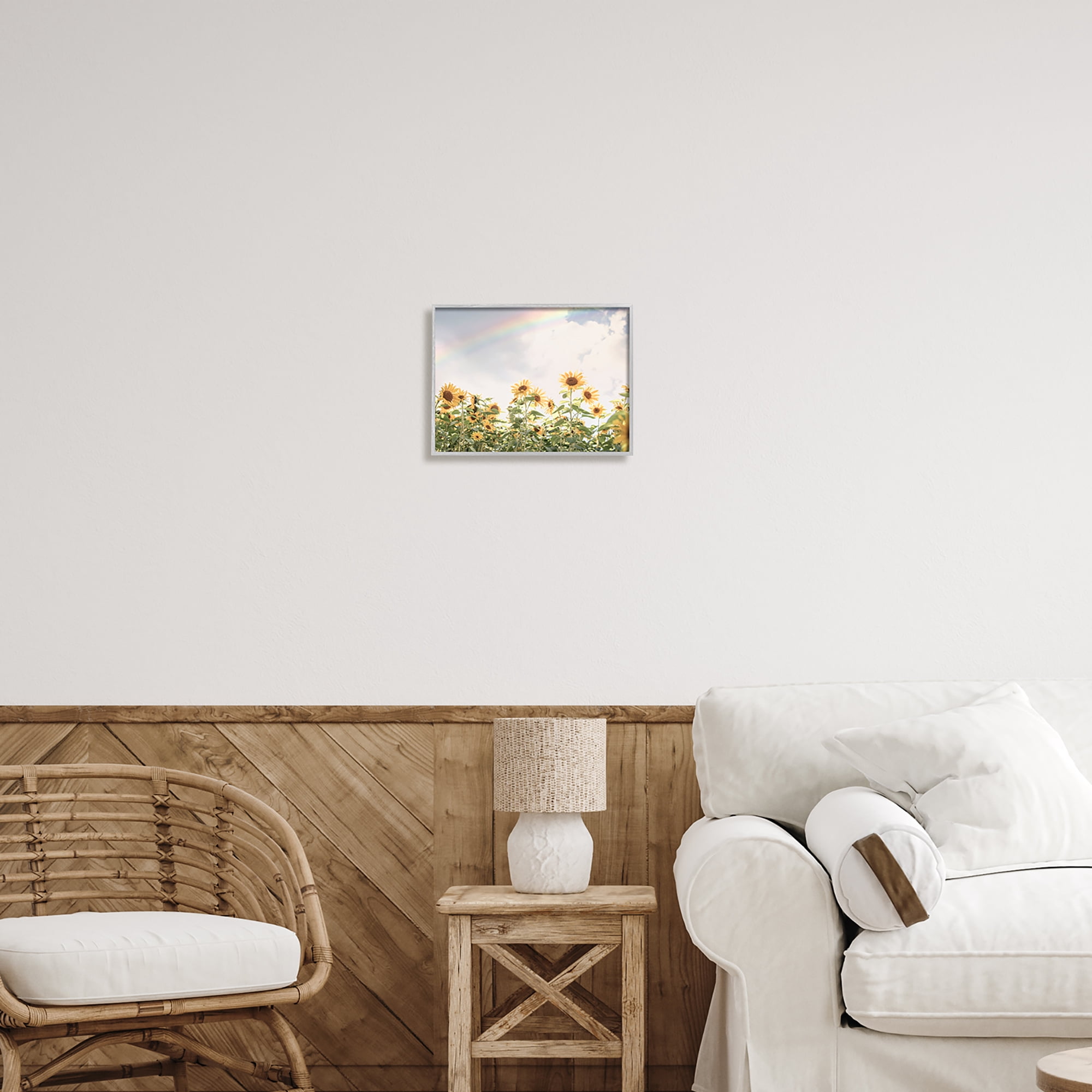 Stupell Industries Rainbow over Sunflowers Botanical & Floral Photography Gray Framed Art Print Wall Art, 14 x 11