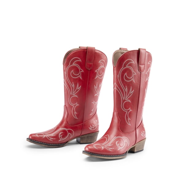 DREAM PAIRS Women's Western Cowboy Boots, Mid-Calf Cowgirl Boots with Chunky Heel & Embroidered Stitching Wide Width