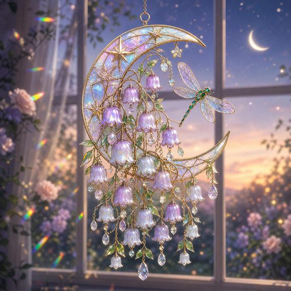 Garden Bell Suncatcher Celestial Moon and Dragonfly Acrylic Window Hanging for Garden Lovers