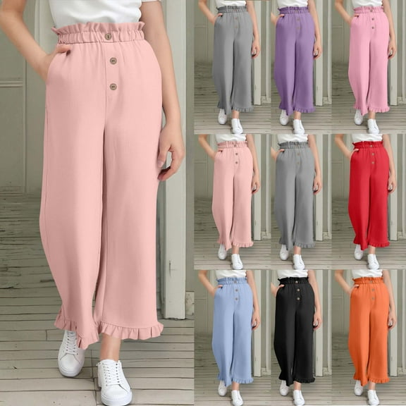 Mwjwdo Teen Girls Pants Elastic High Waisted Ruffle Hem Casual Pants Solid Color Button Decor Trousers with Pockets Red 9 Years