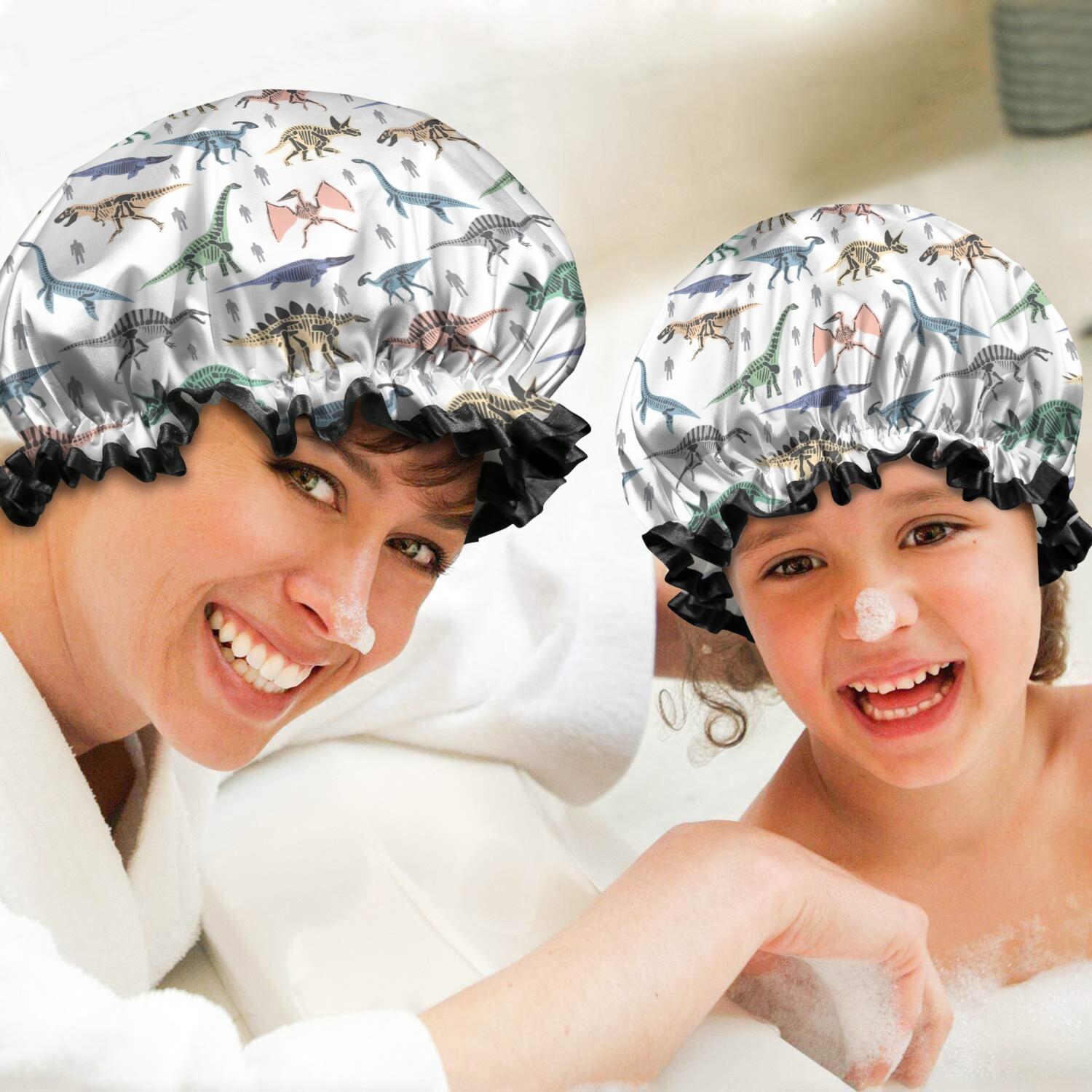 Shower Caps,White Dinosaurs Skeletons Pattern Waterproof Shower Cap for Women 4 Pieces,Double Reusable Hair Cover for Shower PEVA Elastic Stretch Hem