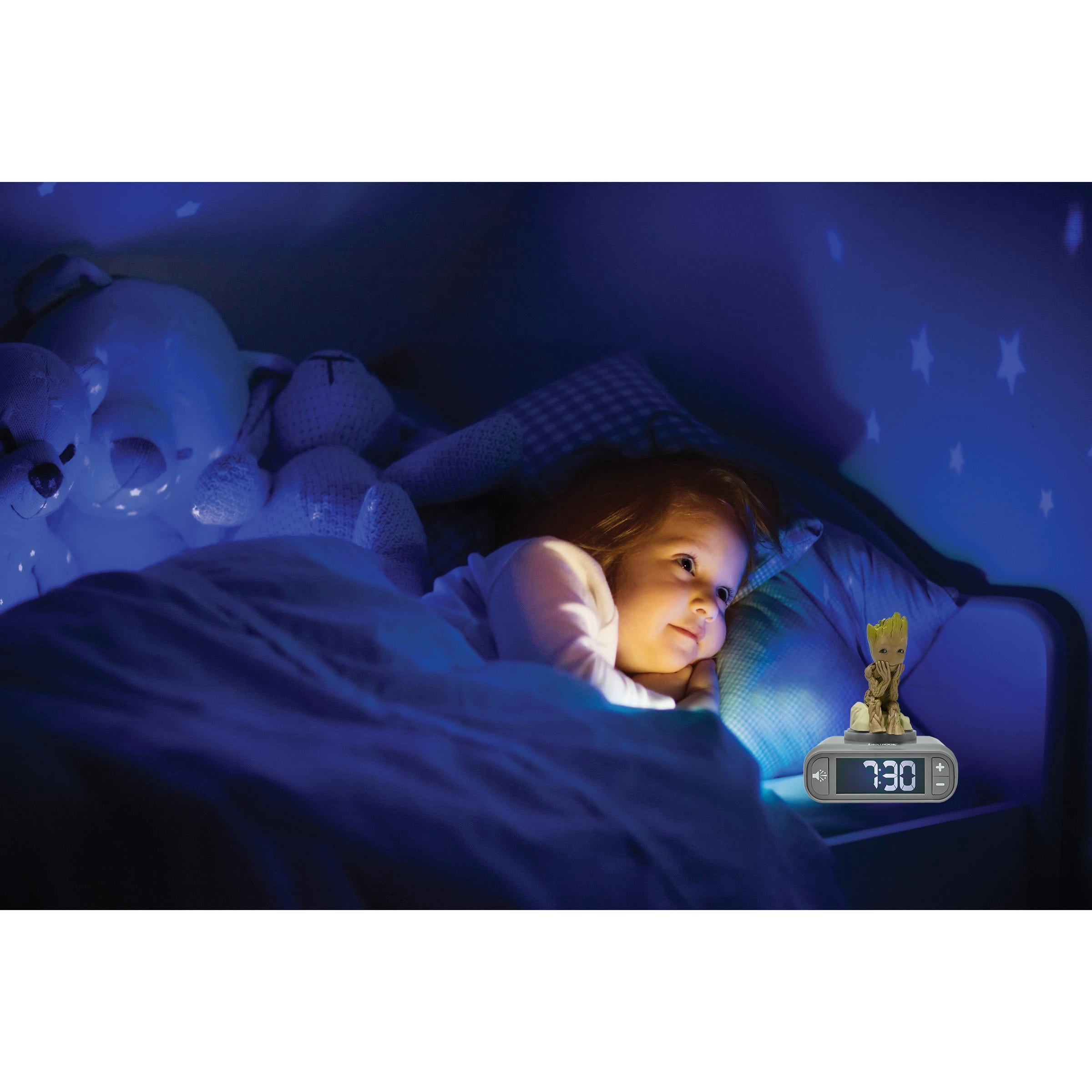 Lexibook, Marvel Guardians of the Galaxy, Groot Nightlight Alarm Clock, Sounds and Melodies, Backlit LCD Screen, Illuminated, Snooze, Grey/Brown