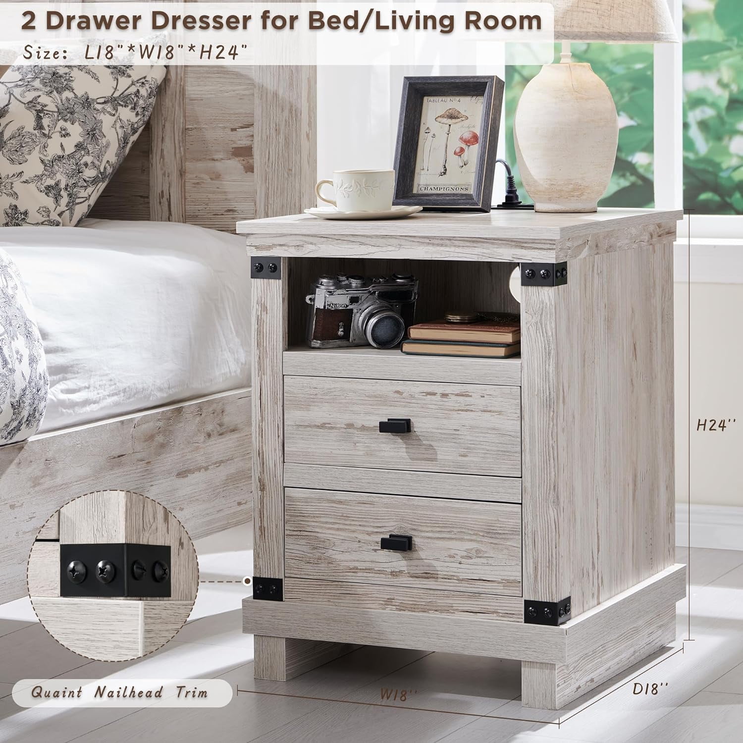 OKD Farmhouse 18" Nightstand with Charging Station, Rustic Metal Wood End Tables with Adjustable Shelves, Side Tables，Antique Brush White