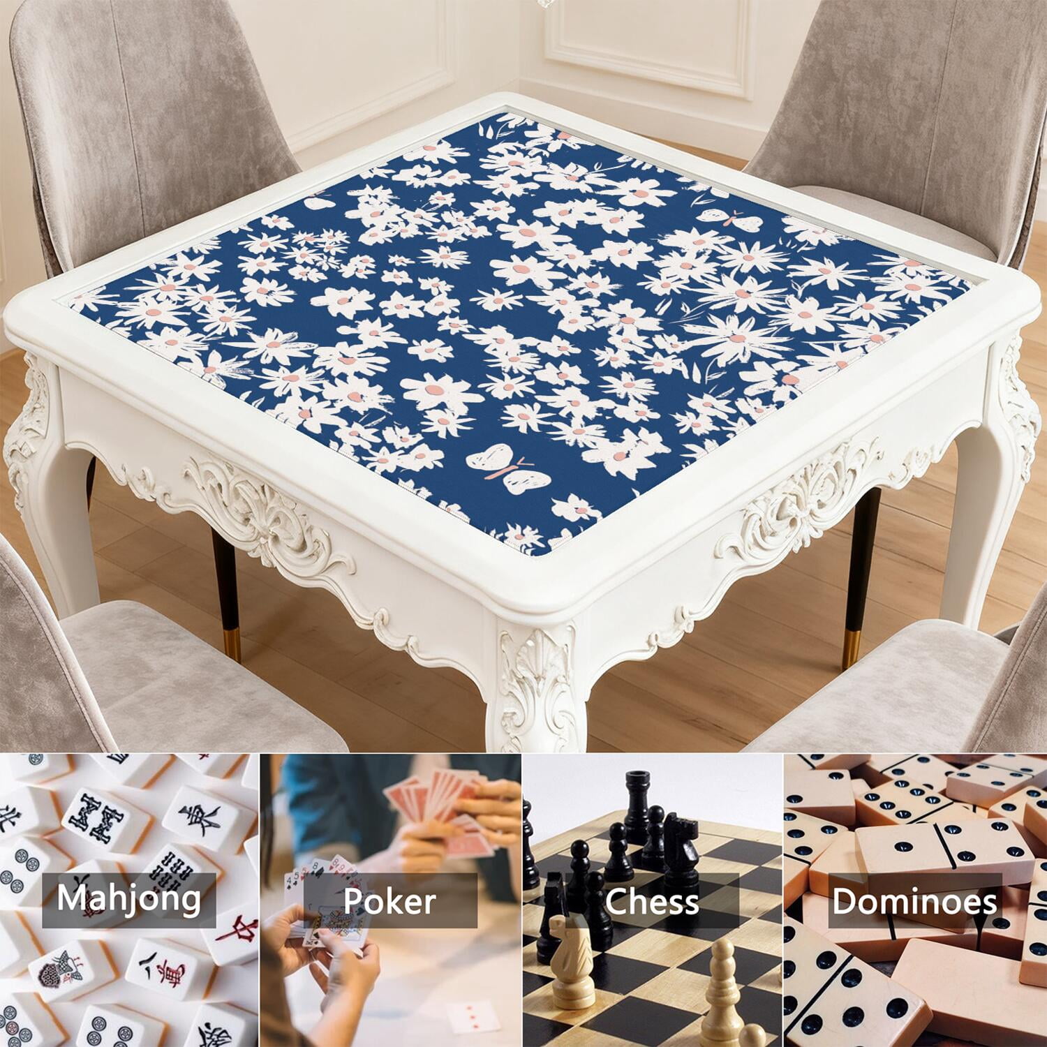 Floral Rubber Gaming Mat 31.5 Inch Square Non-Slip Table Cover for Mahjong Tiles, Poker Games and Family Board Game Nights