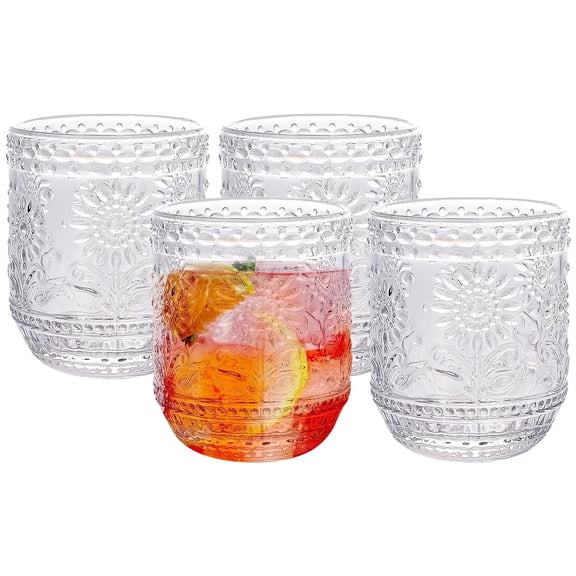 YTCYKJ 4Pcs Drinking Glasses,12.8 oz, Vintage Embossed Floral Decorative Glasses Set for Beer,Water,Juice,Cocktail,Whiskey,Clear
