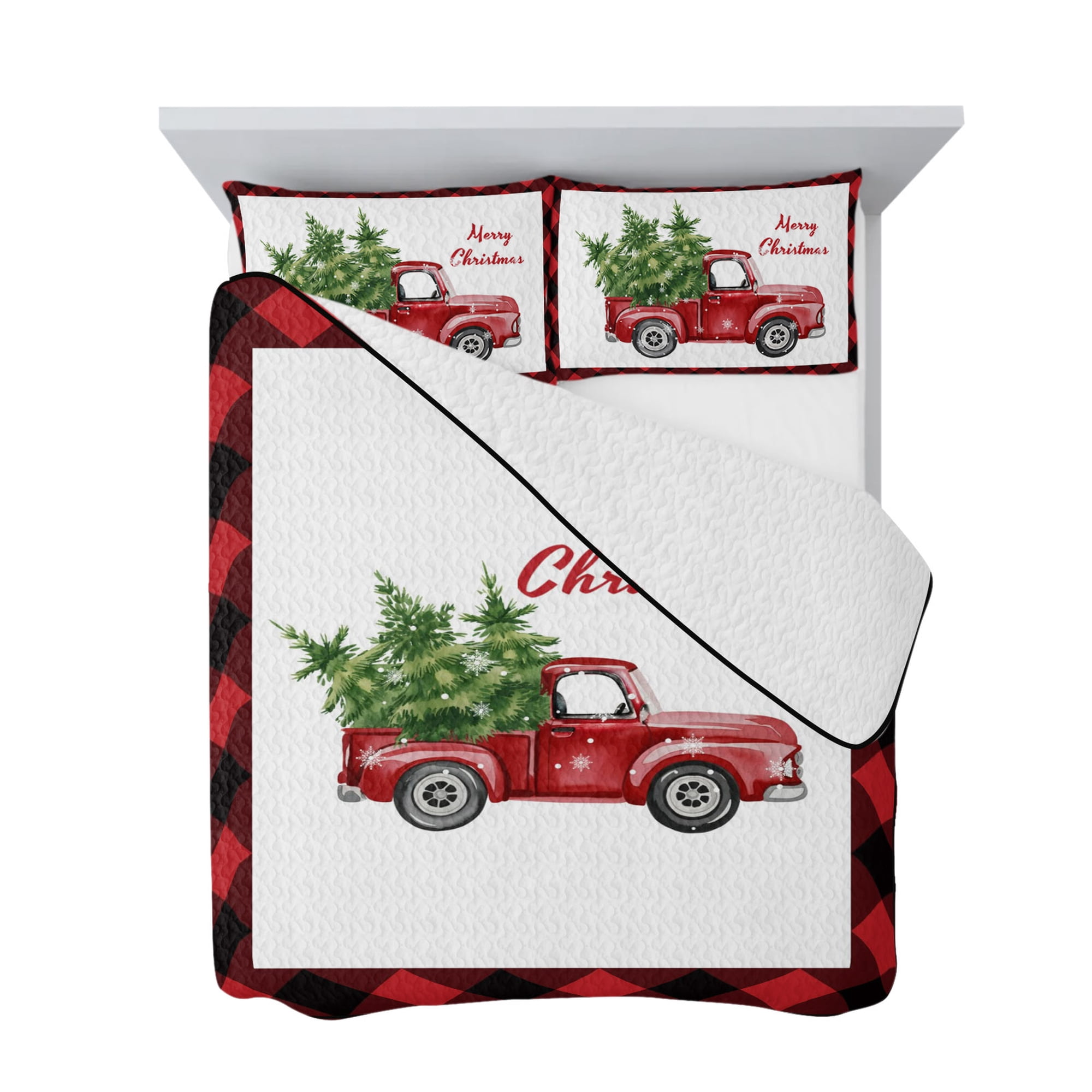 Queen Quilt Bedding Set Merry Christmas Words Soft Microfiber Summer Bedspread Coverlet with 2 Pillow Shams Xmas Trees on Red Truck Black Plaid Breathable Bedding Set for Hot Sleepers