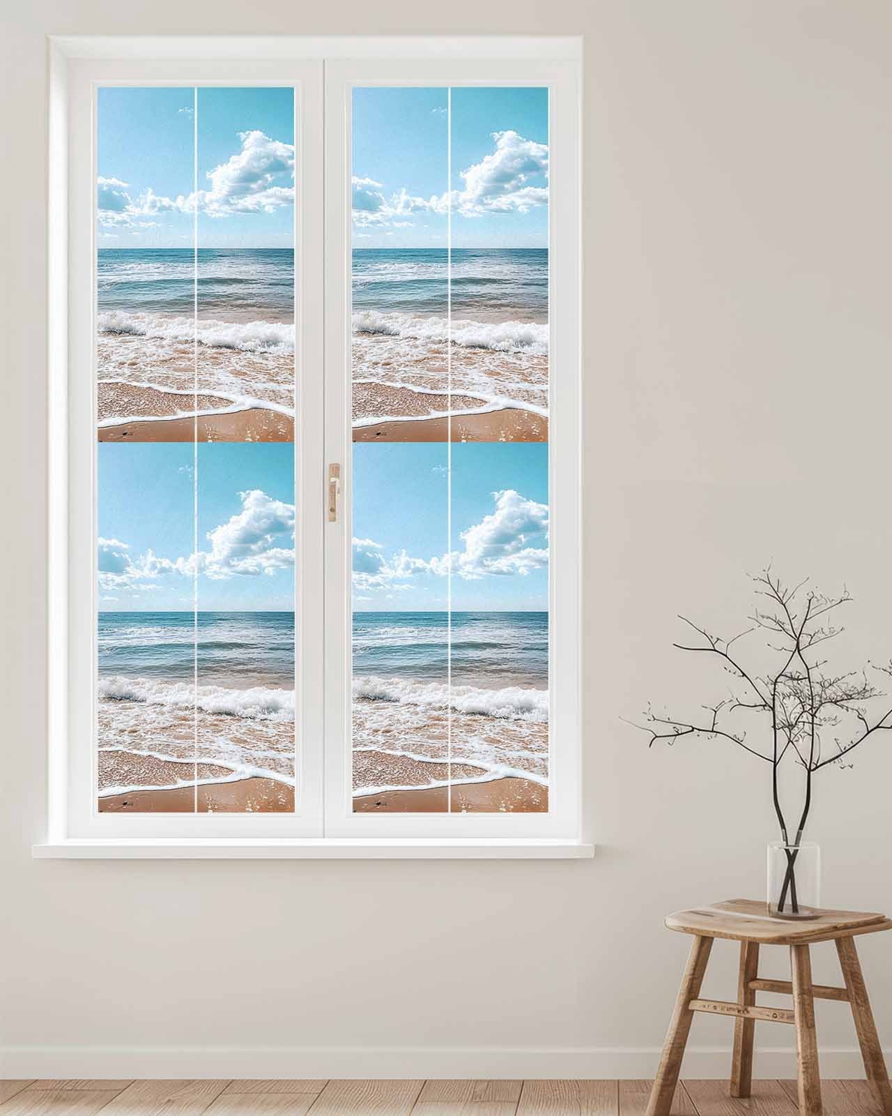 Window Privacy Film Ocean Stained Glass Window Film Decorative Sun Block Window Cover Summer Sandy Beach Blue Sky Coastal Waves Window Clings Static Adhesive Sticker for Bathroom 29.5"x118"