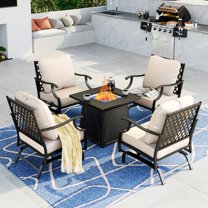Summit Living 5 Pcs Outdoor Conversation Set with 28 inch Square Fire Pit Table, Patio Furniture Metal Sofa with Beige Cushions for 4 People
