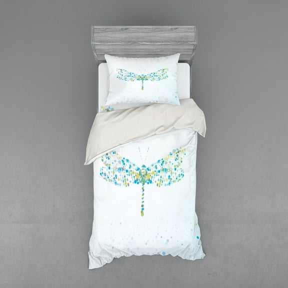 Ambesonne Animal Bedding Set 3 Pcs, Dragonfly with Dots, Twin, Blue Green