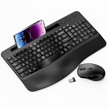 Wireless Rechargable Keyboard and Mouse Ergonomic Combo, Moojay 2.4G Full-Sized Quiet Wave Keyboard Silent Mice Set with Wrist Rest and Phone Holder for Computer, Laptop, PC, Mac, Windows - Black