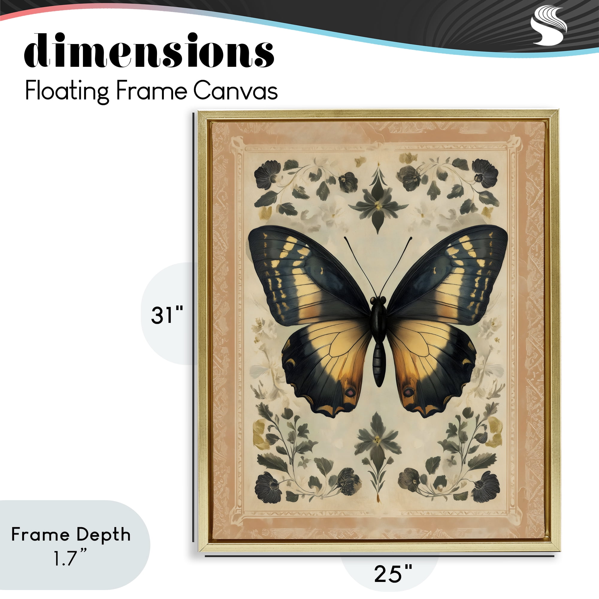 Stupell Industries Vintage Butterfly Botanical Illustration Gold Framed Floater Canvas Wall Art, design by Arlington Prints