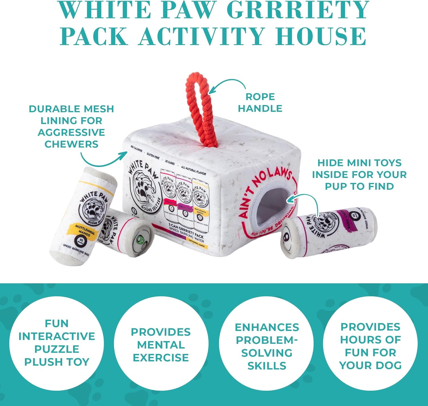 Haute Diggity Dog White Paw Grrriety Pack Activity House, Plush Dog Toys with Squeaker, Machine-Washable, for All Breeds, One Size