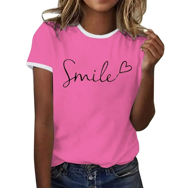 WEIYLL T-Shirt Femme Printemps Imprimé Lettres Manches Courtes Rose Vif Tee Tailles m