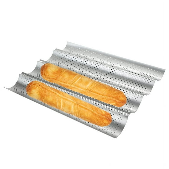 2 Pack Nonstick Perforated Baguette Pan 15" x 13" for French Bread Baking 4 Wave Loaves Loaf Bake Mold Oven Toaster Pan (Silver)