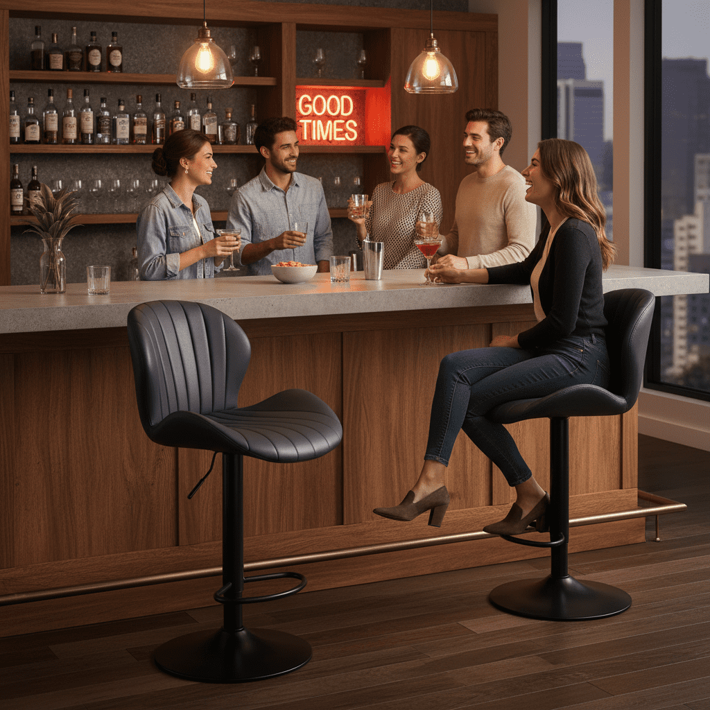 CONCETTA Set of 2 Swivel Bar Stools, Adjustable Height Modern Fabric Upholstered Barstools Counter Bar Chairs with Backrest for Kitchen Island & Home Bar, Black
