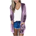 thumbnail image 2 of Women's Solid Color Gold Velvet Cardigan, Mid-Length Open Front Long Sleeve Jacket, Casual Loose Fit Duster Coat for Women, Soft Velvet Loungewear for Fall and Winter Purple S, 2 of 7