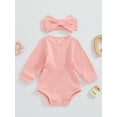 thumbnail image 3 of Musuos Baby Girl Fall Outfit, 3 6 9 12 18 Months Solid Color Round Neck Long Sleeve Ribbed Romper Bow Headband 2 Piece Set, 3 of 9