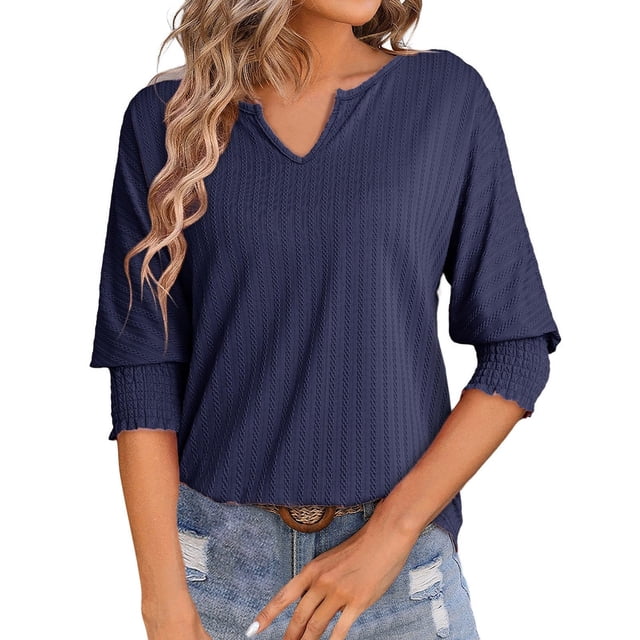 T-Shirts d'Été Décontractés Tendance pour Femmes - Manches 3/4, Texturé Uni, Design Col en V