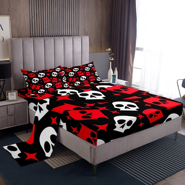 Erosebridal Ensembles de Draps Complets Crâne de Sucre, Ensembles de Literie Fantôme d'Halloween Taille Complète, Ensemble de Draps Étoiles Rouges Taille Complète, Décoratif de Chambre à Coucher Respirant Dessin Animé, 4 Pcs