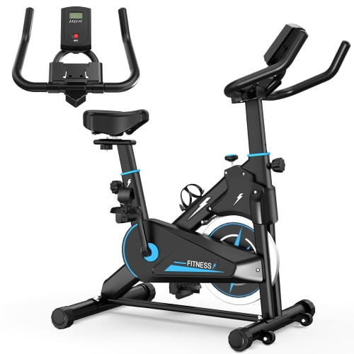 Black Blue Stationary Exercise Bike with Monitor, Adjustable Resistance, Padded Seat & Handlebars Quiet Compact Home Cycling Machine