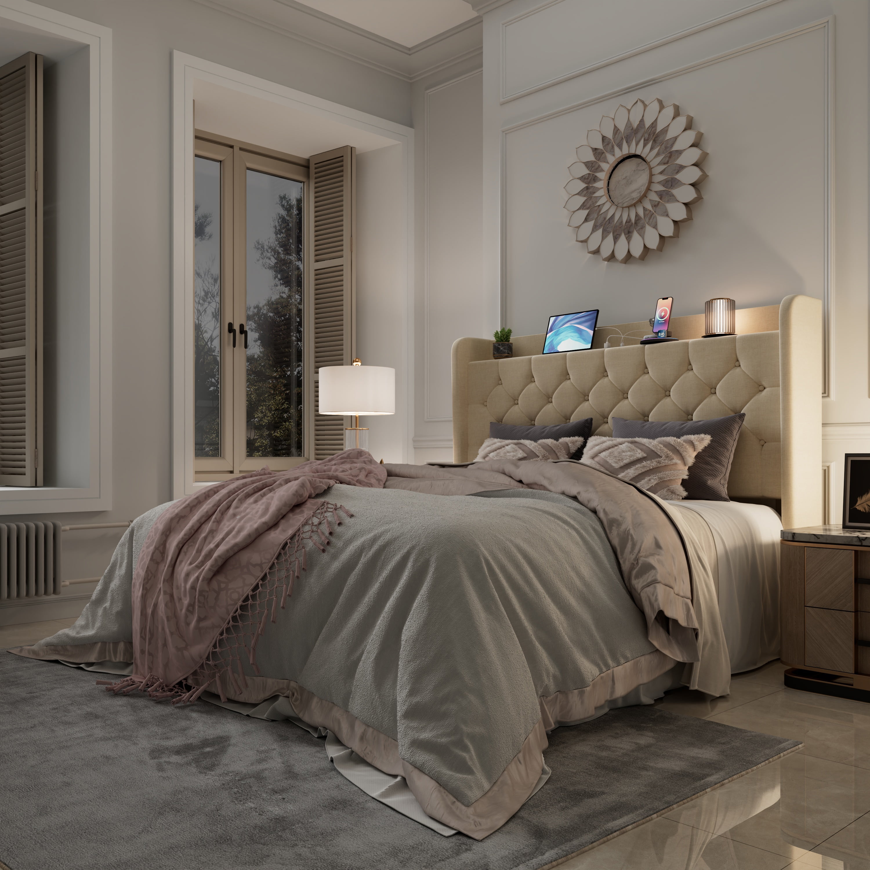 Amolife Full Bed Frame with Storage Wingback Headboard and Fast Charging Hub, Upholstered Platform Bed, No Box Spring Required, Beige