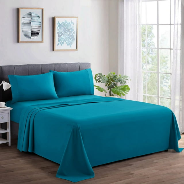 Teal Marina Decoration 600 thread count ultra soft deep pocket hotel standard solid bedding sheet set made of long staple percale cotton displayed on a bed in a modern, well-lit bedroom.
